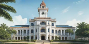 The image depicts the grand entrance of the Makassar City Hall with its intricate architecture and traditional Makassar motifs. Inside, the hall is bathed in warm light, and a group of children stand