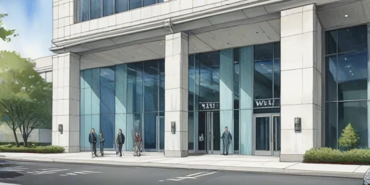 Fadel Muhammad Gantikan Hashim sebagai Komisaris Utama WIFI The image shows the grand entrance of the WIFI headquarters, a modern building with a glass facade and a large sign reading 'WIFI'. The surroundings are well-maintained with neat lawns and organized p