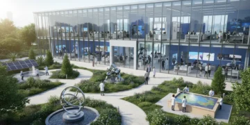 Grand opening of the Science Techno Park with a modern glass-fronted building surrounded by green gardens and interactive science exhibits, symbolizing education and innovation in science and technolo