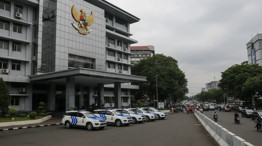 Lanskap luar Gedung Polda Sulsel yang modern dengan fasad kaca dan emblema polisi di depan pintu masuk utama. Lingkungan sekitarnya penuh dengan jalan raya yang sibuk, pejalan kaki, dan kendaraan, men