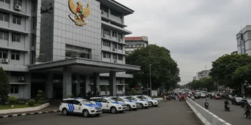 Lanskap luar Gedung Polda Sulsel yang modern dengan fasad kaca dan emblema polisi di depan pintu masuk utama. Lingkungan sekitarnya penuh dengan jalan raya yang sibuk, pejalan kaki, dan kendaraan, men
