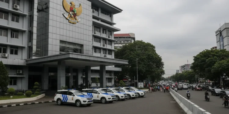Aktivis Anti Korupsi Demo di Polda Sulsel, Desak Usut Tuntas Dugaan Korupsi Dinkes Parepare Lanskap luar Gedung Polda Sulsel yang modern dengan fasad kaca dan emblema polisi di depan pintu masuk utama. Lingkungan sekitarnya penuh dengan jalan raya yang sibuk, pejalan kaki, dan kendaraan, men