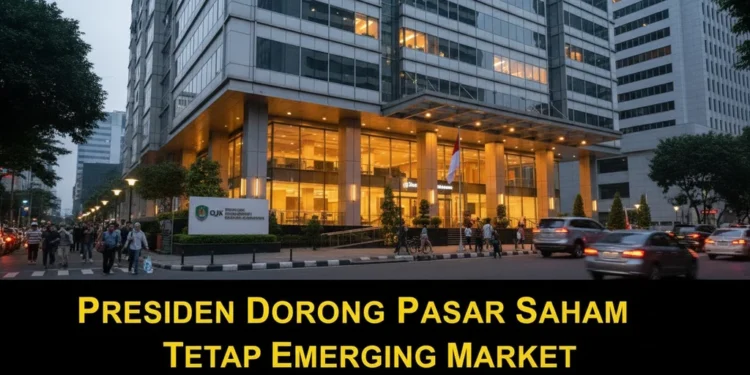 The image shows the modern OJK building in Jakarta, illuminated by evening lights, with the Indonesian national flag and a signboard reading 'Presiden Dorong Pasar Saham Tetap Emerging Market', symbol