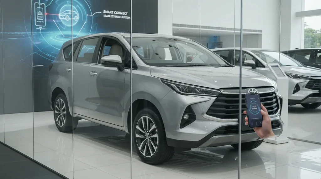 A modern car dealership showroom displaying the latest Toyota Kijang Innova Zenix, with a smartphone being used to activate the vehicle's ignition, highlighting the car's advanced technology and user-