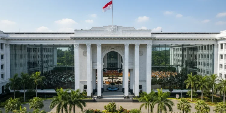 Prabowo: Korporasi adalah Biang Karhutla, Ini Terorisme Lingkungan The image shows the grand entrance of the Indonesian House of Representatives building in Jakarta, reflecting the importance of legislative action in addressing environmental issues. The lush green su