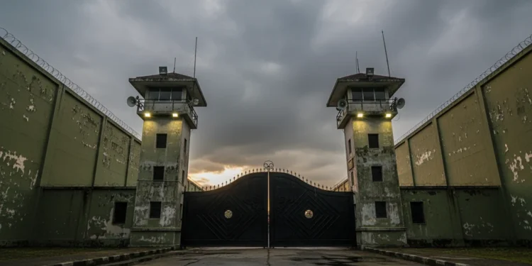 The scene shows the entrance of South Sulawesi Prison (SPN) in Makassar, with its sturdy iron gate, tall guard towers, and high walls, reflecting a serious and disciplined environment.