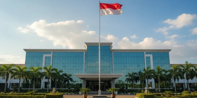 The Merauke Regent's office building with a national flag waving in the wind, surrounded by neatly trimmed greenery, symbolizing the regent's encouragement for santri to be both academically and techn