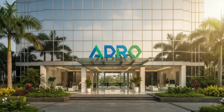 The main building of PT Adaro Energy Tbk is shown with a sleek glass facade and a prominent ADRO logo. The surroundings are green and well-kept, with bright natural light illuminating the entrance. Th