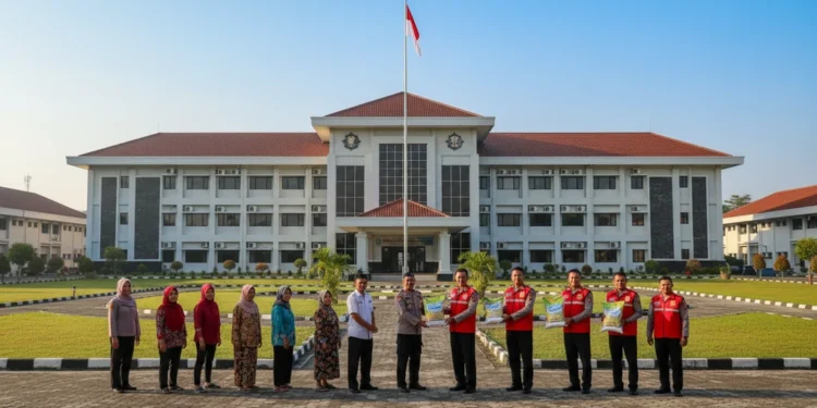 The main building of the Makassar Prison with its modern architecture and Indonesian flag, surrounded by greenery, as prison staff and volunteers distribute food packages to families. This scene highl