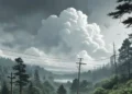Berapa Biaya Membuka 1 Juta Hektar Perkebunan Aren dan Pabrik Bio Etanol di Indonesia? A weather station with a digital screen showing real-time weather updates, surrounded by a dense forest, with an overcast sky and dark clouds, symbolizing potential extreme weather conditions in Sumat