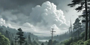 A weather station with a digital screen showing real-time weather updates, surrounded by a dense forest, with an overcast sky and dark clouds, symbolizing potential extreme weather conditions in Sumat
