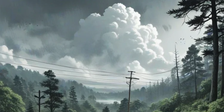 A weather station with a digital screen showing real-time weather updates, surrounded by a dense forest, with an overcast sky and dark clouds, symbolizing potential extreme weather conditions in Sumat