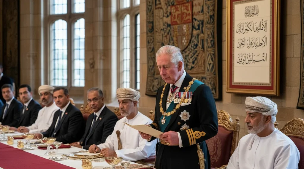 Raja Charles III mengutip hadis Nabi Muhammad SAW dalam bahasa Arab saat menjamu Sultan Oman Haitham bin Tariq dalam jamuan kenegaraan di Kastil Windsor, Inggris. Momen tersebut menunjukkan raja dengan pakaian resmi, sementara sultan dan tamu lainnya mendengarkan dengan hormat.