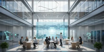 A modern research and development facility with sleek glass and steel structures, showcasing advanced technology and innovation. The building is bathed in natural light from large windows, highlightin