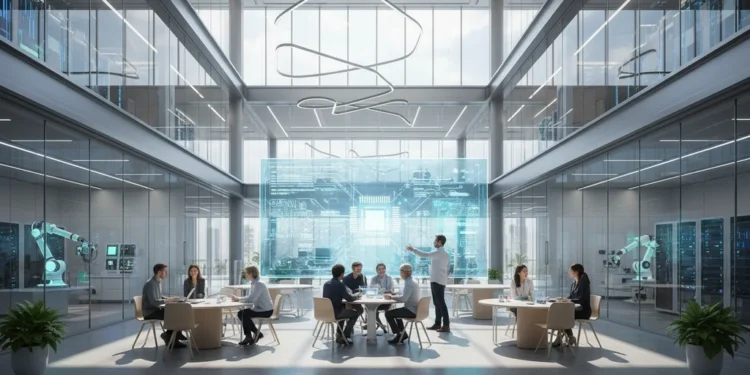 A modern research and development facility with sleek glass and steel structures, showcasing advanced technology and innovation. The building is bathed in natural light from large windows, highlightin