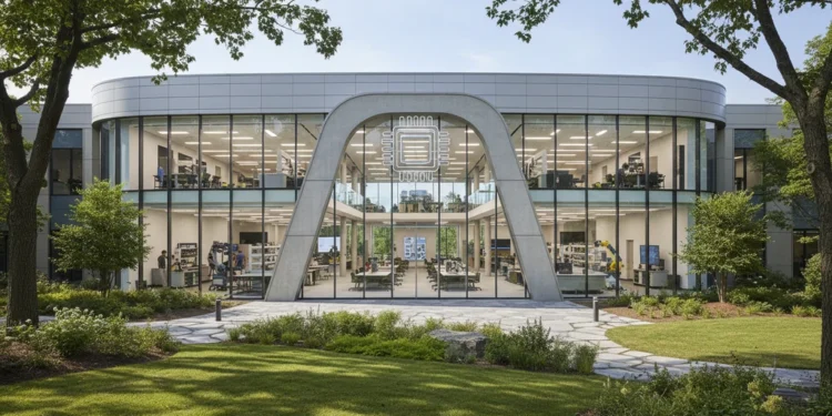 The image shows the grand entrance of the National Technology Institute, surrounded by greenery and featuring a modern, sleek building with large glass windows and a computer chip logo. Inside, the in