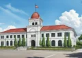 Gubernur Sulsel Uji Coba Gerbong Kereta Tujuh Kilometer di Barru Lanskap luar Gedung Setda Gowa yang modern dengan pintu masuk utama yang mencolok dan tiang bendera Indonesia. Bangunan ini memiliki desain kontemporer dengan banyak jendela berukuran besar dan kolom