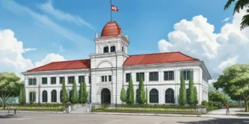 Lanskap luar Gedung Setda Gowa yang modern dengan pintu masuk utama yang mencolok dan tiang bendera Indonesia. Bangunan ini memiliki desain kontemporer dengan banyak jendela berukuran besar dan kolom