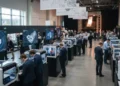 BRIsat Direncanakan Mengangkasa Pagi Ini Sebuah gedung pameran modern penuh dengan peralatan 3D printing dan scanning terkini. Ruangan terang dengan layar besar menampilkan model 3D yang detail. Pengunjung, termasuk profesional industri dan