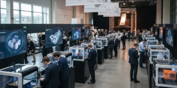 Sebuah gedung pameran modern penuh dengan peralatan 3D printing dan scanning terkini. Ruangan terang dengan layar besar menampilkan model 3D yang detail. Pengunjung, termasuk profesional industri dan