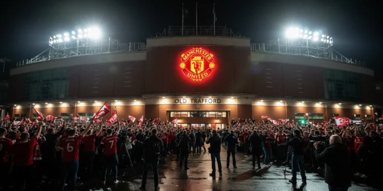 The Old Trafford stadium at night, with its red-brick facade and illuminated entrance, surrounded by excited fans and media. The Manchester United crest is prominently displayed, symbolizing the inten