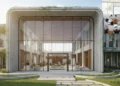 A modern administrative building of Jepara Regency surrounded by greenery, with a group of young students in traditional Islamic attire gathered in a technologically equipped classroom. The building's