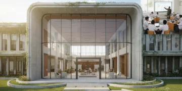A modern administrative building of Jepara Regency surrounded by greenery, with a group of young students in traditional Islamic attire gathered in a technologically equipped classroom. The building's