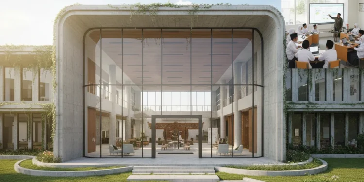 Bupati Jepara Ajak Santri Kuasai Ilmu dan Teknologi di Hari Santri Nasional A modern administrative building of Jepara Regency surrounded by greenery, with a group of young students in traditional Islamic attire gathered in a technologically equipped classroom. The building's