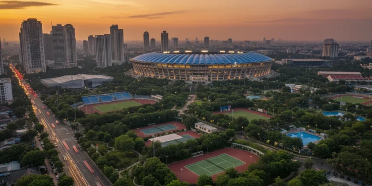 The scene shows the National Sports Complex in Jakarta, with a modern stadium illuminated by soft lighting. The stadium has distinctive arches and a bright blue roof, set against a backdrop of lush gr