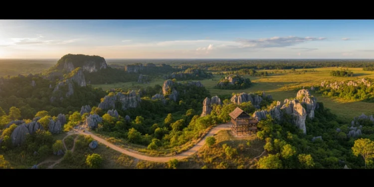 A panoramic view of the Maros-Pangkep Geopark in Sulawesi Selatan, featuring lush green landscapes, towering cliffs, and ancient rock formations. The scene highlights the natural beauty and historical
