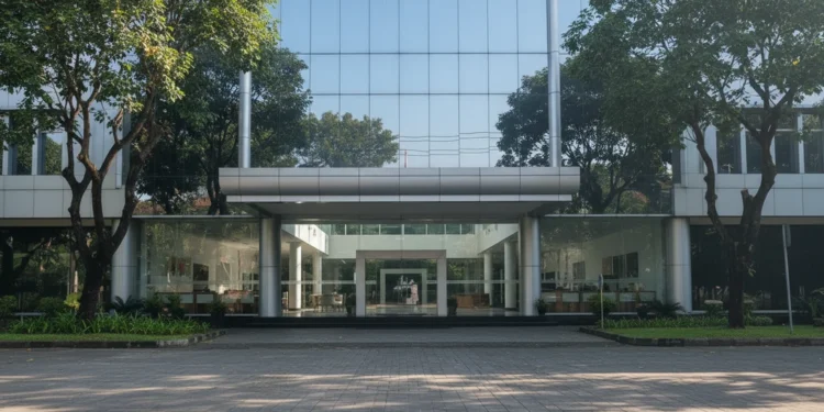 The main building of BMKG in Jakarta, Indonesia, with a modern glass facade and a prominent logo of a globe and wave, symbolizing meteorology, climatology, and geophysics. The interior is bright and o