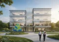 Strategi Manajemen Arus Kas UMKM Hadapi Ketidakpastian Pasar Pertamina Foundation's modern headquarters with large windows and a clean, contemporary design. The building is located in a green space with well-maintained gardens, symbolizing the foundation's comm