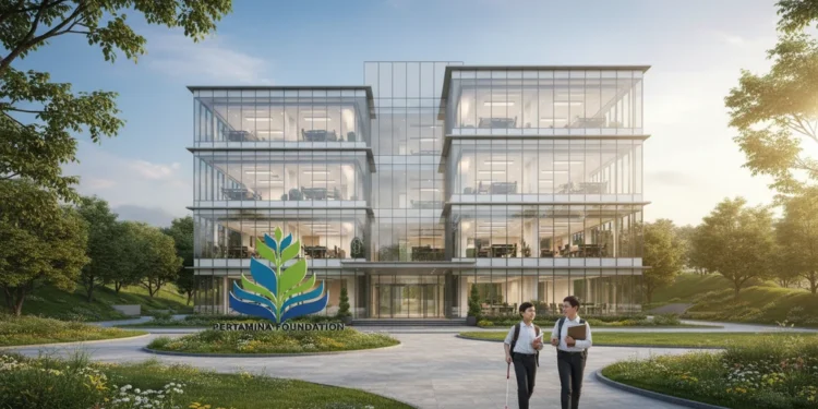 Pertamina Foundation Perluas Akses Pendidikan bagi Siswa Tunanetra Pertamina Foundation's modern headquarters with large windows and a clean, contemporary design. The building is located in a green space with well-maintained gardens, symbolizing the foundation's comm