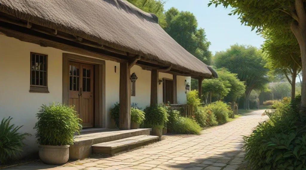 A traditional village hall with a thatched roof and wooden pillars, surrounded by greenery and traditional houses, symbolizing the rural setting where the Kades holds significant influence. The interi