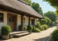 FOTO : Apel Siaga Pengawasan Pilkada di Makassar A traditional village hall with a thatched roof and wooden pillars, surrounded by greenery and traditional houses, symbolizing the rural setting where the Kades holds significant influence. The interi