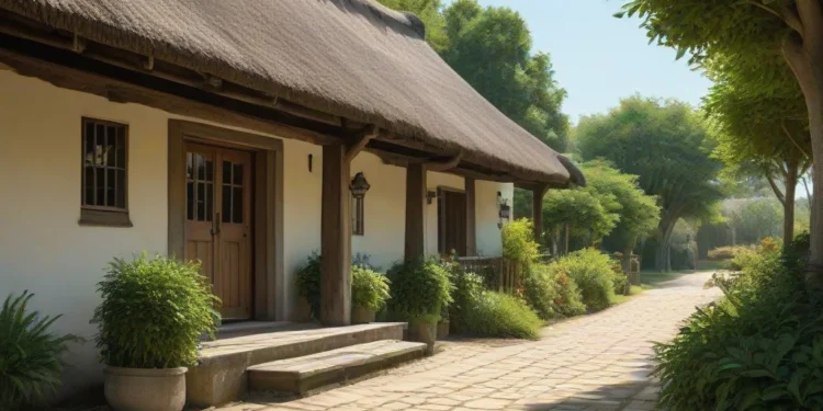 Politik Dinasti dan Konflik Kepentingan di Balik Jabatan Kades A traditional village hall with a thatched roof and wooden pillars, surrounded by greenery and traditional houses, symbolizing the rural setting where the Kades holds significant influence. The interi