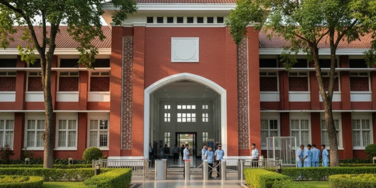 FERADMI Apresiasi 17 Warga Binaan Lapas Makassar dan Dedikasi Petugas The main building of Makassar Prison with its red-brick facade and well-manicured garden. The entrance is marked by a large, white sign reading 'Makassar Prison'. Inside, the building is well-lit and