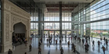 A detailed view of the Balai Kota Makassar in Makassar, reflecting the city's bustling activity and modern architecture. The building's large entrance and glass panels are prominently featured, with n