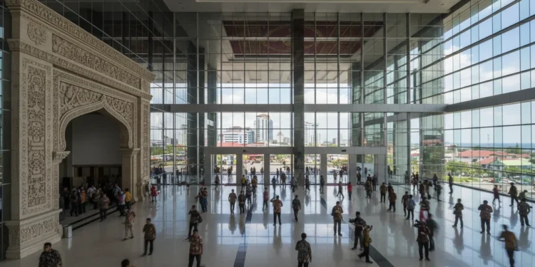 Mahasiswi di Makassar Tewas, Polisi Bekuk Kekasihnya A detailed view of the Balai Kota Makassar in Makassar, reflecting the city's bustling activity and modern architecture. The building's large entrance and glass panels are prominently featured, with n