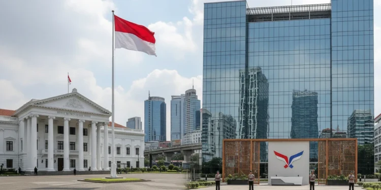 LAB45: Pemerintahan Prabowo, Sentralisasi Kekuasaan & Penurunan Pelindungan LAB45's central office building with a sleek glass facade and modern interior, reflecting the party's centralized power and controlled order. The building is prominently displayed with the party's log