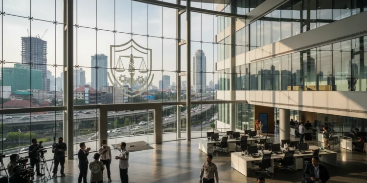 Redefinisi Korupsi ala DEN: Kemajuan Ekonomi atau Risiko Hukum? A modern and transparent building of the Corruption Eradication Commission (KPK) in Jakarta, symbolizing the ongoing efforts to redefine and combat corruption, with a bustling cityscape in the backgro