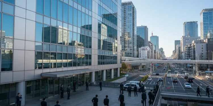 Pemerintah Jepang Bentuk Tim AI untuk Mengatasi Celah PHP, Ancaman Siber Melonjak A modern glass and steel facade of the Ministry of Internal Affairs and Communications in Tokyo, Japan, with officials and security personnel moving about, set against a clear blue sky and busy citysc