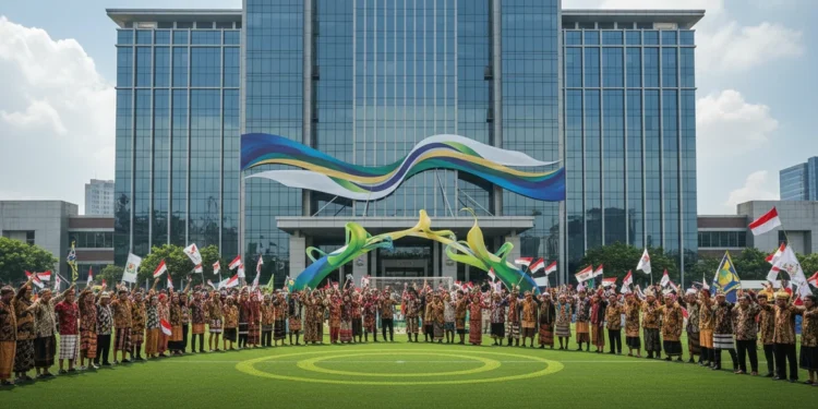 Kemenpar dan OGFC Unite 2027: Sepak Bola Jembatan Pariwisata A grand entrance of the Ministry of Tourism (Kemenpar) in Jakarta, with a banner promoting the 'Kemenpar and OGFC Unite 2027' initiative. The background features a soccer field with fans in traditiona