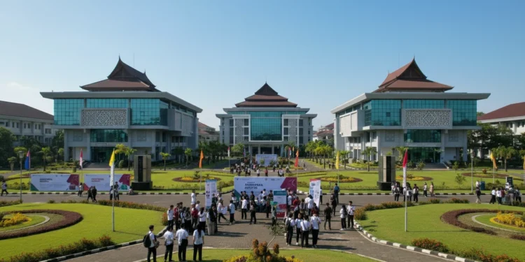 A vibrant and bustling campus of UMI Makassar, featuring the main building with its modern architecture and surrounded by green spaces. The scene showcases the 2,500 students participating in the Abdi