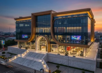 Sebuah gedung modern berdiri megah di pusat kota Makassar. Gedung ini berpadu dengan kaca dan baja halus, dengan jendela-jendela besar yang mencerminkan warna-warna cerah jalan-jalan sekitarnya. Pintu