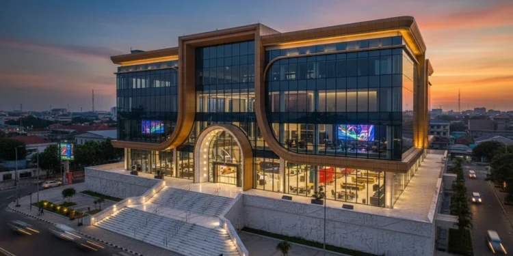Sebuah gedung modern berdiri megah di pusat kota Makassar. Gedung ini berpadu dengan kaca dan baja halus, dengan jendela-jendela besar yang mencerminkan warna-warna cerah jalan-jalan sekitarnya. Pintu