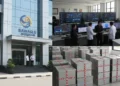 Bawaslu Mataram headquarters in Mataram, featuring a modern glass and metal exterior with a clear logo. Inside, a team of professionals are analyzing data on AI screens, preparing for the 2029 electio