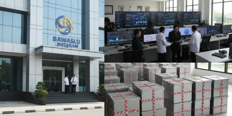 Bawaslu Mataram Siap Antisipasi Disinformasi dengan AI pada Pemilu 2029 Bawaslu Mataram headquarters in Mataram, featuring a modern glass and metal exterior with a clear logo. Inside, a team of professionals are analyzing data on AI screens, preparing for the 2029 electio