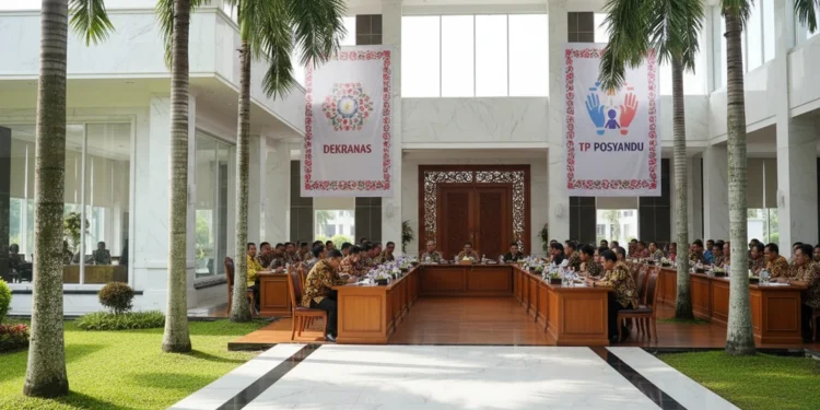 Sulsel Hadiri Rapat Tata Kelola Dekranas, PKK, dan Posyandu di Bali The image shows the grand entrance of the Bali Provincial Government Building with its modern architecture, surrounded by greenery and officials from Sulawesi Selatan discussing community welfare stra