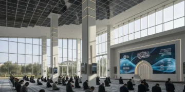 A modern mosque with advanced technology, symbolizing the transformation of Muslim communities in embracing modernity and progress. The mosque features a sleek design with large glass windows, a minim